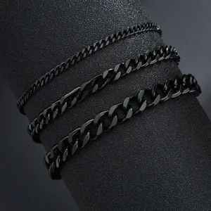 Detailed close-up of three black stainless steel Cuban link chains in different widths