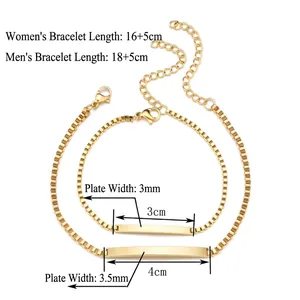 Polished gold stainless steel couple ID bracelets with customizable curved bars and box chains