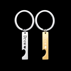 Porte-clés rectangulaires polis en argent et or avec gravure Drew et motif coeur