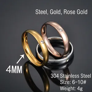 4mm polished stainless steel rings with diamond accent in gold, rose gold and silver