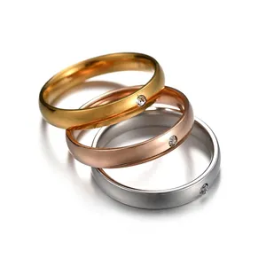 Stainless Steel Rhinestone Inlaid Dome Ring Minimalist High Polished Band For Men Women Couple Wedding Jewelry