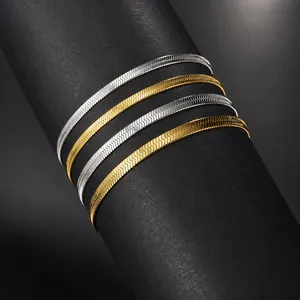Retro Stainless Steel Herringbone Chain Bracelet For Men Women 18K Gold Plated Minimalist Flat Snake Chain Adjustable Jewelry