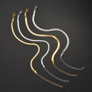 Flat herringbone snake chains in gold and silver stainless steel with lobster clasp