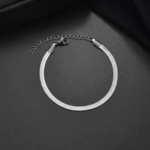 Flat silver stainless steel snake bone chain bracelet with lobster clasp and extender