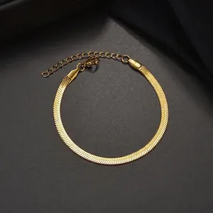 Polished 18k gold plated stainless steel herringbone chain bracelet with lobster clasp