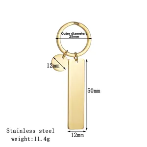 Detail view of golden stainless steel keychain with dimensions for DIY engraving
