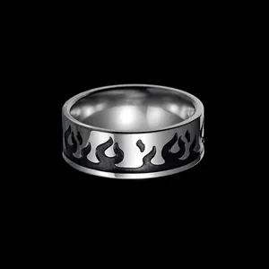 Men's cool stainless steel ring featuring retro black flame drip oil design on black background