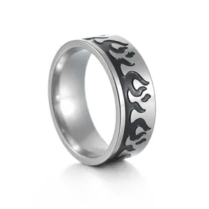 Trendy Stainless Steel Flame Ring For Men Women Cool Punk Vintage Oil Dripping Black Silver Band Ring Jewelry Gift