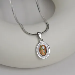 18k gold plated stainless steel Virgin Mary oval pendant necklace with white crystals