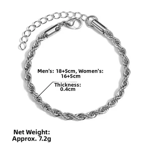 Detail view of 4mm stainless steel rope chain bracelet with lobster clasp and sizing specs