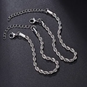 Three-piece silver stainless steel rope chain bracelets set with lobster clasp and extender