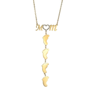 Vintage 18K gold MOM necklace with heart zircon and four small baby feet pendants