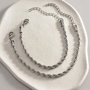 Set of two silver stainless steel rope chain bracelets with lobster clasp for men and women