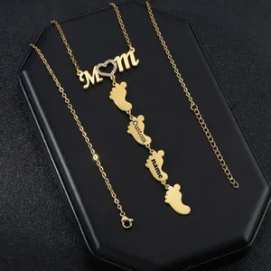 Gold stainless steel MOM necklace with zircon heart and custom baby feet charms