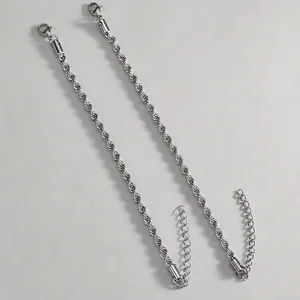 Polished silver stainless steel rope chain bracelet with lobster clasp and extension link