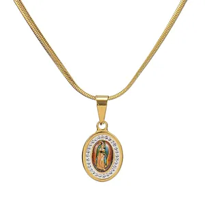 Stainless Steel Virgin Of Guadalupe Pendant Necklace Gold Plated Rhinestone Oval Snake Bone Chain Religious Hip Hop Jewelry