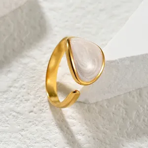 Minimalist adjustable gold open ring with white enamel inlay and pearlescent finish