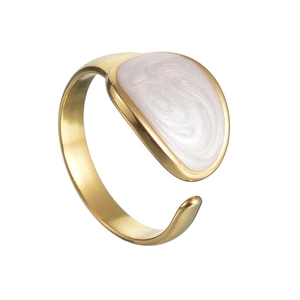Minimalist gold adjustable stainless steel ring with white pearl ripple enamel inlay