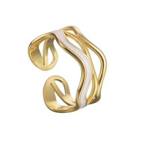 18k gold plated stainless steel multi-layer wavy ring with white enamel detail