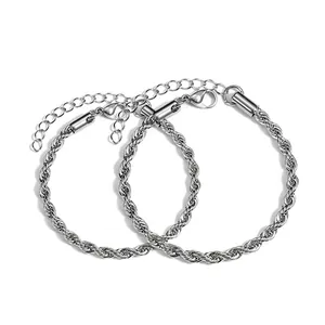Stainless Steel Rope Chain Bracelet For Men Women Twisted Minimalist Jewelry Silver Tone Adjustable Link Bracelet Gift
