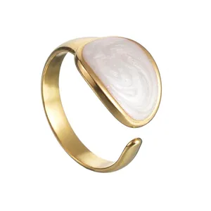 Minimalist Stainless Steel Open Ring For Women Adjustable Gold Plated Enamel Oval Geometric Drip Oil Fashion Finger Jewelry