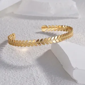 Elegant gold leaf shape cuff bracelet in titanium steel with wheat ear design for women