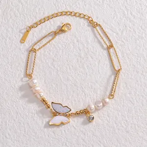 Elegant gold butterfly bracelet for women featuring lustrous pearls and zircon accents