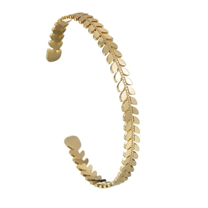 Vintage gold leaf-shaped stainless steel open cuff bracelet with polished finish