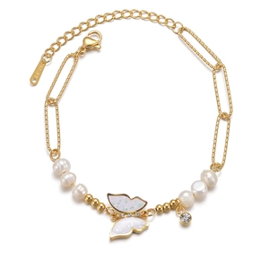 Golden titanium steel bracelet featuring iridescent butterfly, pearls and zircon charms