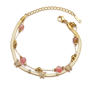 Double-layered stainless steel bracelet with zircon butterfly charms and pink beads