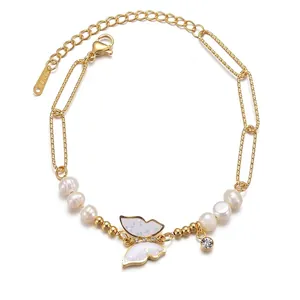 Elegant Stainless Steel Butterfly Artificial Pearl Bracelet Gold Zirconia Inlaid Adjustable Link Chain Women Daily Jewelry Gift