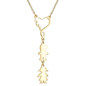 Collar corazón dorado con colgante 'mom' y dijes de niño y niña en acero inoxidable