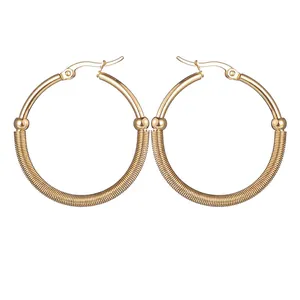 Orecchini a Cerchio in Acciaio Inossidabile Oro Minimalisti Per Donna Gioielli Design con Filo Avvolto e Perline Tonde
