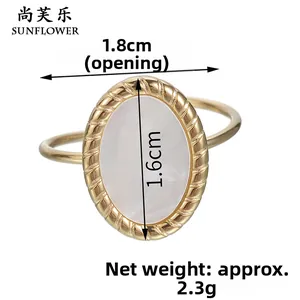 Detailed view of oval mother-of-pearl ring in gold finish with 1.8cm diameter specifications