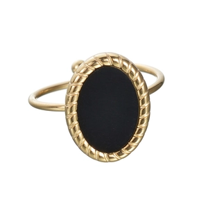 Vintage oval black stone ring in gold titanium steel with twisted rope edge design
