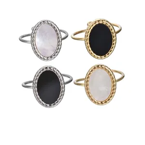 Vintage Stainless Steel Oval Mother Of Artificial Pearl Shell Ring For Women Retro Open Adjustable Gold Silver Geometric Party Jewelry