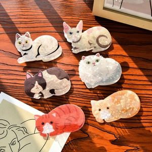 Set of 6 cute acetate cat hair claws in various patterns on a rustic wooden desk