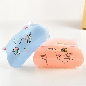 Pinces à cheveux chat de dessin animé en bleu et rose avec texture acrylique pour femmes