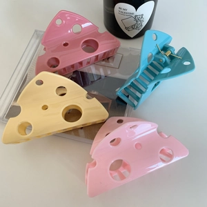 Cheese shaped hair claws in pink, blue, yellow, and peach colors, set of 4 pieces