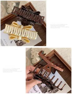 Détail de pinces à cheveux en acétate en forme de nœud en marron foncé et blanc crème