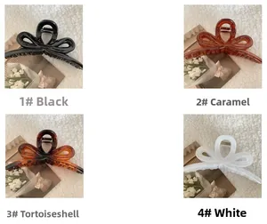 Collage of large resin bow hair claws in black, caramel, tortoiseshell and milky white