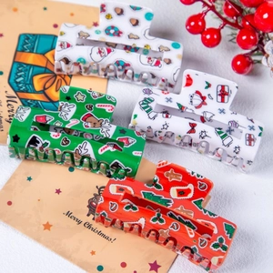 Pinces à Cheveux Imprimées de Noël pour Femmes Grande Pince Crabe en PVC Motif Renne Père Noël Bonhomme de Neige Accessoires