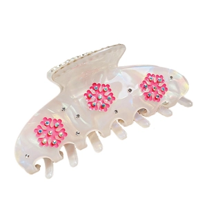 Large pearl white shark hair claw clip with pink flowers and colorful rhinestones