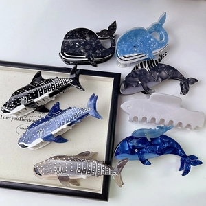 Pinces à Cheveux en Acétate Forme Requin Baleine Motif Marbre Antidérapant Œil en Strass Accessoires Cheveux pour Femmes