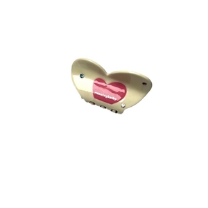 Beige acetate heart hair claw clip with pink pattern and rhinestones for women