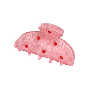 Pince à cheveux en acétate rose marbré avec cristaux de cœur rouges et strass brillants