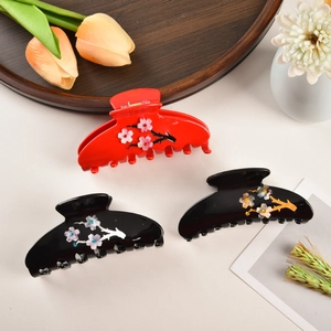 Lot de 3 pinces à cheveux élégantes en acétate avec motif fleur de prunier et strass