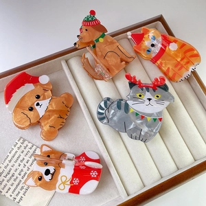 Christmas Cartoon Animal Hair Claw Cute Reindeer Cat Dog With Santa Hat Acrylic Hair Clip Sweet Hair Accessories For Women Kids