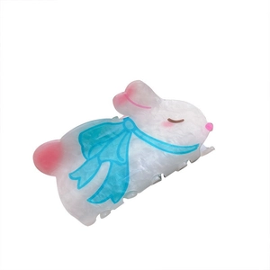 Cute bunny shaped hair claw clip in pearl white acrylic with blue bow and pink accents