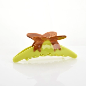 Large acetate butterfly hair claw clip with lime green and marbled brown finish